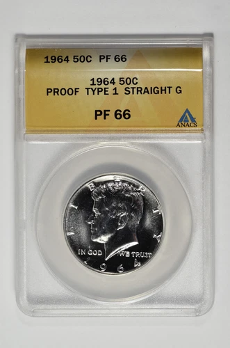 1964 Type 1 Straight G Silver Proof 50C Kennedy Half Dollar ANACS PF 66