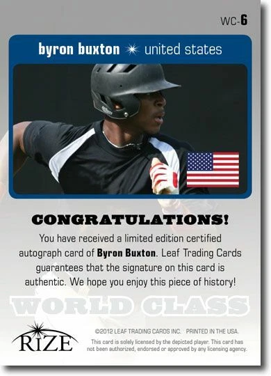 Autógrafo BYRON BUXTON 2012 Rize Rookie LARANJA Auto CLASSE MUNDIAL RC 1/1 - Imagem 2 de 2