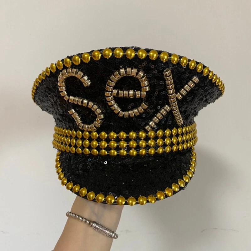 Dama Lentejuelas Ardiente Militar Sombrero Hecho a Mano Marinero Capitán Gorra Juegos con disfraces Fiesta Retro Foto 2 de 4