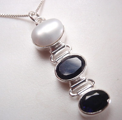 Anhänger Zuchtperlen & facettierter Iolith Triple-Edelstein 925 Sterling Silber