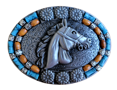 Silver Finish Southwest Horse Head Buckle Western Turquoise 