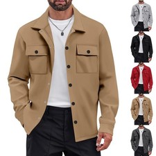 Casual Mens Warm Blouse Buttoned Long Sleeve Shacket Work Shirt Jacket TopSolid