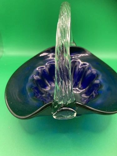 Vintage Cobalt Blue Glass Basket, Clear Twist Handle, Murano Style