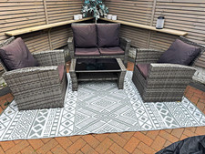 4pc Grey Rattan/Wicker Lounge Set, Cushions, Black Glass Table, floor mat