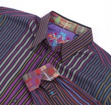 ROBERT GRAHAM Purple Multicolor Stripe Silk Trim Button Down Shirt Size XL