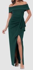 Xscape Women's Green Off-the-Shoulder Ruched Side-Slit Gown Dress Size: 8