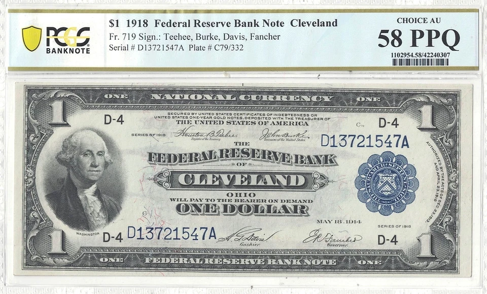 1918 $1 Federal Reserve Bank Note Fr-719 PCGS AU-58 PPQ - Image 2 of 3