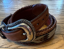 TONY LAMA Men's Belt-38- Brown Tooled-Embroidered Tan/Brown Geometrics -7617L