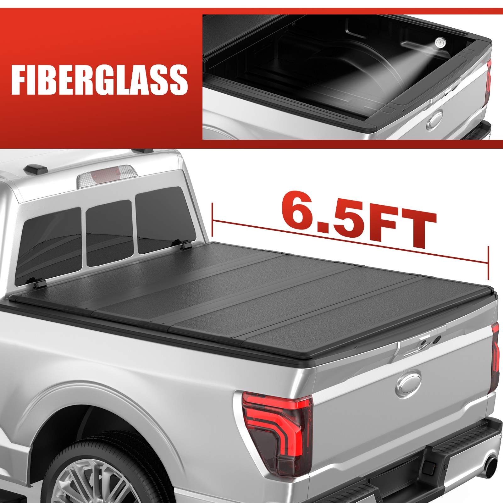 6.5FT FRP Hard Bed Tonneau Cover 4-Fold For 2003-2026 Ram 1500 2500 3500 w/ LED