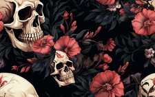 Skulls and red roses Printed Cotton Fabric By The Yard