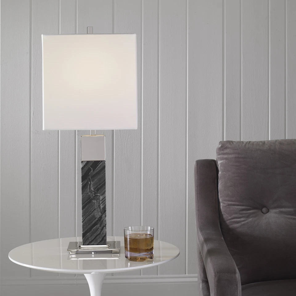 Classic Contemporary Veined Black Marble Table Lamp 27 in Silver White Column - Image 2 of 4