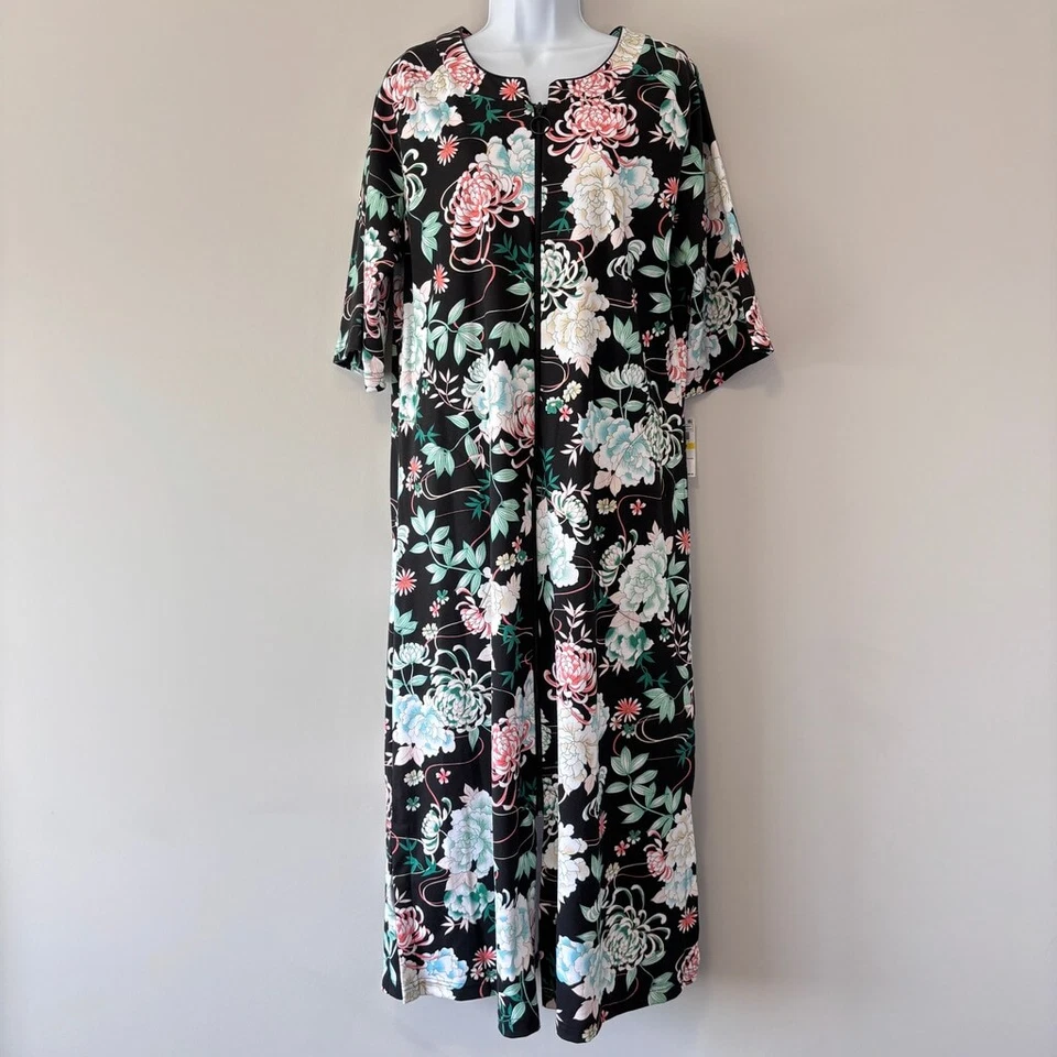 Bata Larga Miss Elaine Pequeña Estampada Negra y Floral Manga 3/4 Cremallera Frontal Nueva con Etiquetas Foto 3 de 4