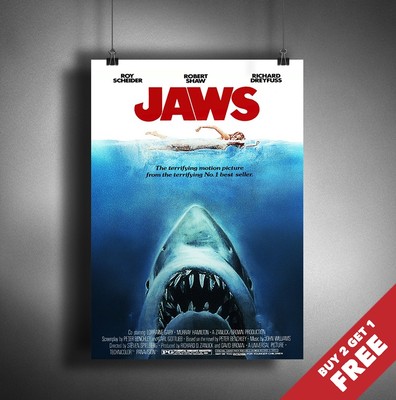 JAWS 1975 MOVIE POSTER A3 A4 * Classic Shark Movie Film Print Movie Wall Art