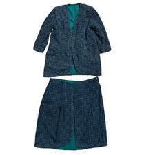 Vintage Women Plaid Classic Knit Green Lined Jacket Skirt Suit Set Large