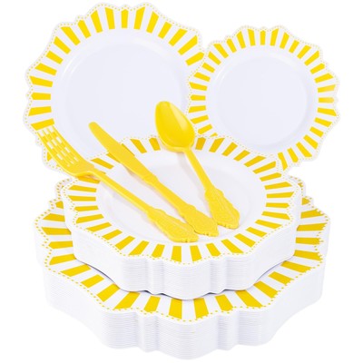 150pcs Disposable White Lemon Yellow Striped Plastic Party Plates And Silverware