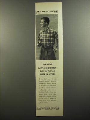 1952 Saks Fifth Avenue Viyella Shirt Ad - Dad picks S.F.A's connoisseur clan