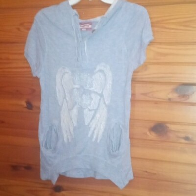 women small light blue top with ivory crochet accents, with hood