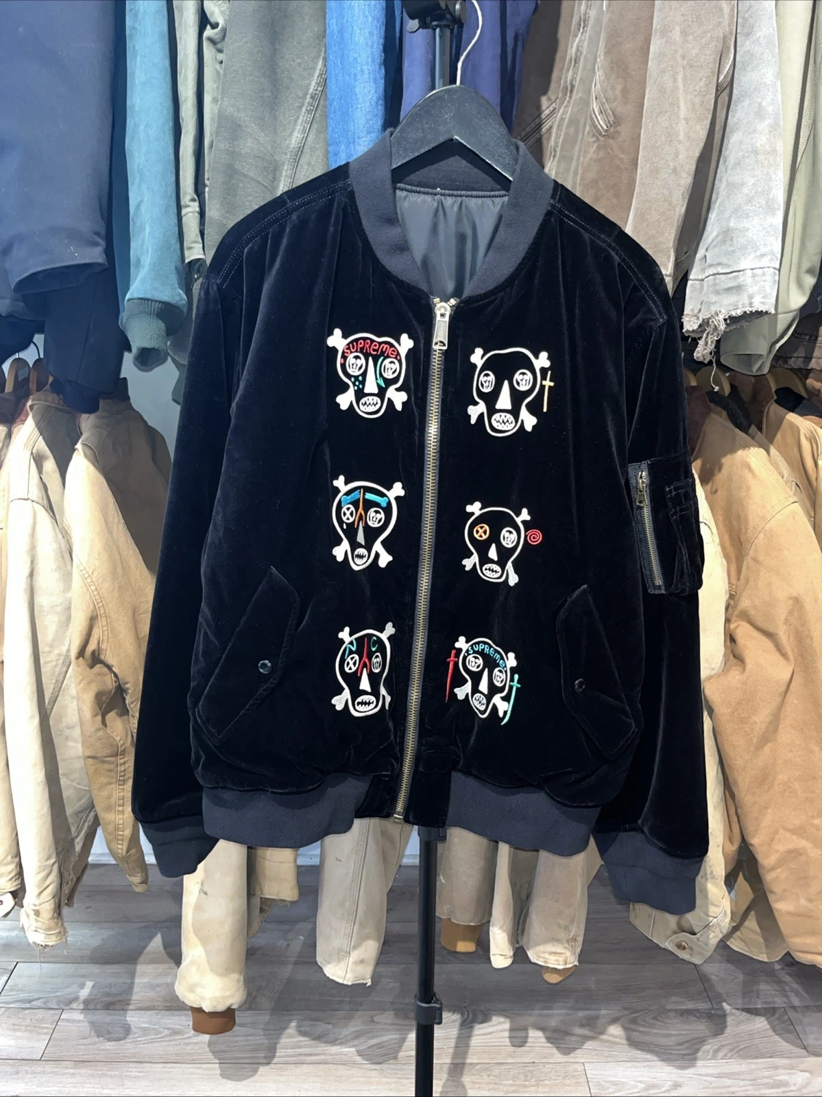 SS21 Supreme Clayton Patterson Skulls Embroidered Velvet MA-1 Bomber Jacket XL image 1