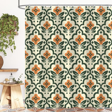 Vintage Boho Floral Shower Curtain  Mid Century Modern Abstract Orange Green Bath