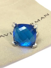 David Yurman Silver 925 Cushion On Point 20mm Blue Topaz & Diamond Ring Size 7