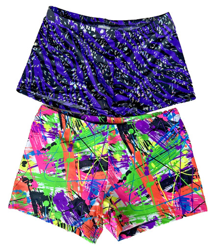 Body Wrappers Lot of 2 Booty Shorts Purple Foil and Neon Splatter Size L