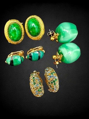 Vintage Designer Earrings 4pc Lot Eisenberg Les Bernard Avon Green Cabochon