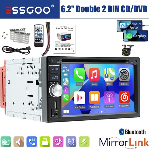 Double 2 DIN 6.2" Apple CarPlay DVD/CD Player Car Stereo Radio WMA BT FM+MIC&CAM