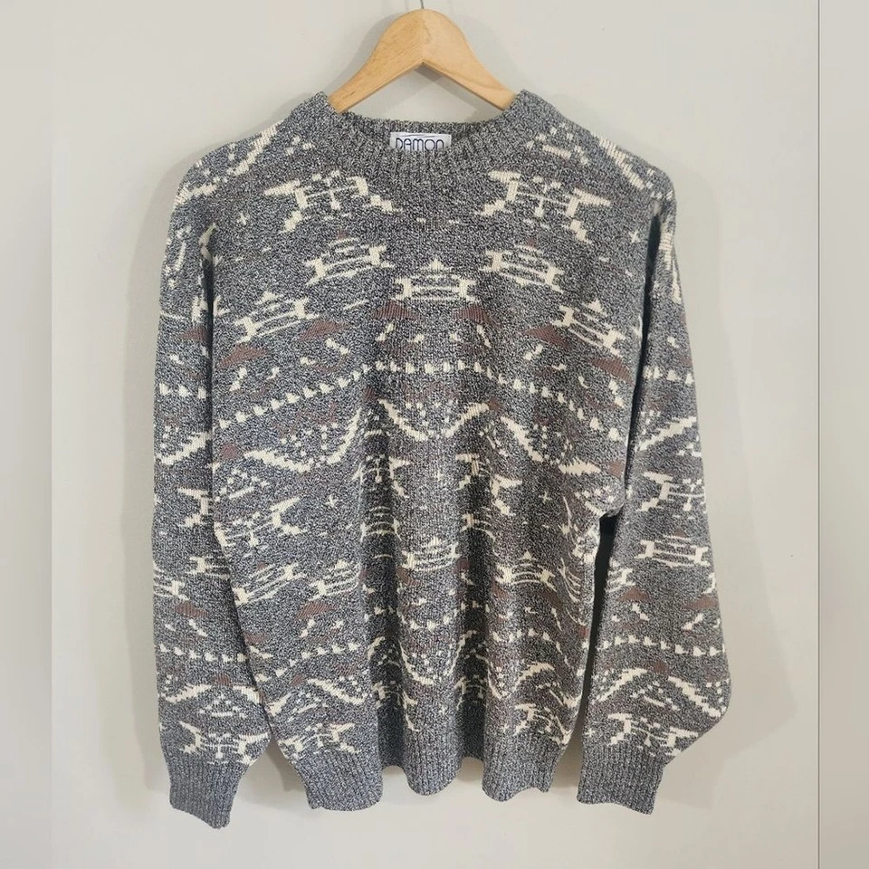 复古 Damon Grandpa 毛衣男式 L 美国制造 100% 棉灰色几何针织 — 第 3/4 张图片