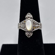 Vintage Sterling Silver Mother of Pearl Marcasite Ring Size 6.5 Oval