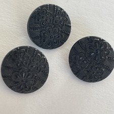 3 Vintage Black Glass Buttons Self  Shank 0.53&rdquo; Fabric Pattern Flowers