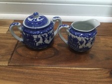 Vintage Blue Willow Japan Crown Makers Mark small sugar and creamer 3'' excellen
