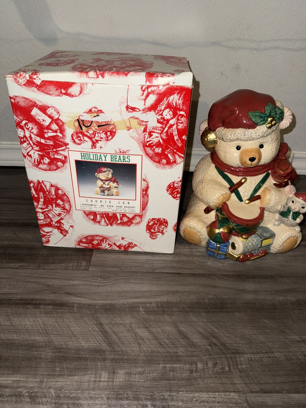VTG Fitz & Floyd Christmas Teddy Bear Drummer/Mouse and Toys Cookie Jar  1995