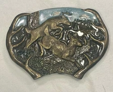 Bergamot Brass Works Vintage 1977 Deer Belt Buckle Forest Scene Brass USA
