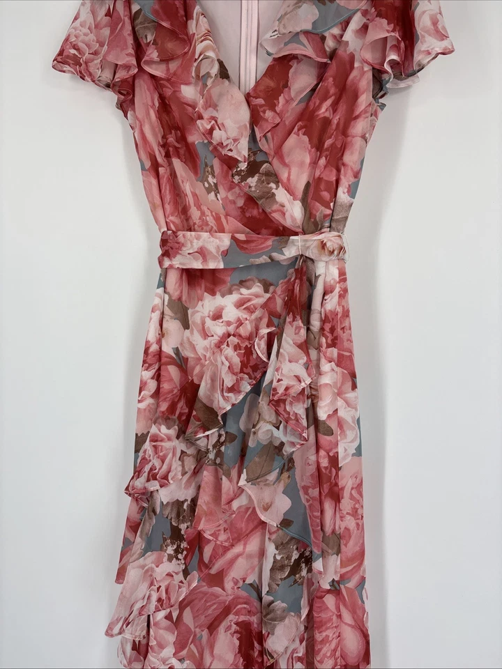 Eliza J 长裙 - 荷叶边绑带,花卉粉红色玫瑰 - 12 码 — 第 3/4 张图片