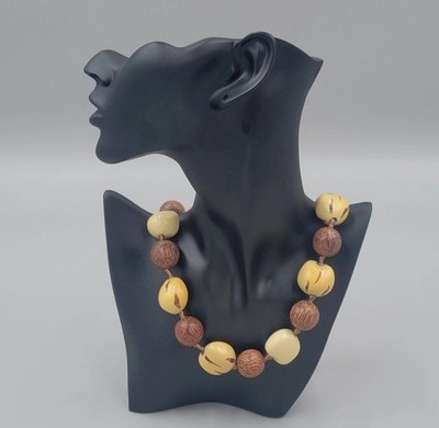Hawaiian Kukui Nut Lei Necklace 18  Luau Celebration Graduation Brown Fabric