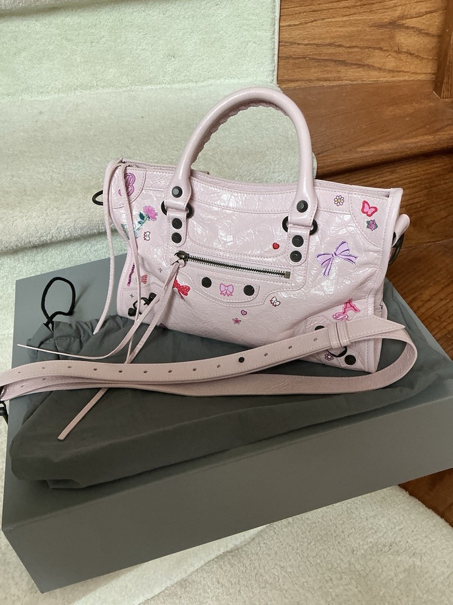 STUNNING BALENCIAGA LE CITY SMALL PINK PETAL STICKER SATCHEL