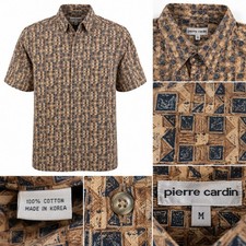 Pierre Cardin Shirt Men Medium Tan Blue Geometric Abstract Short Sleeve Cotton