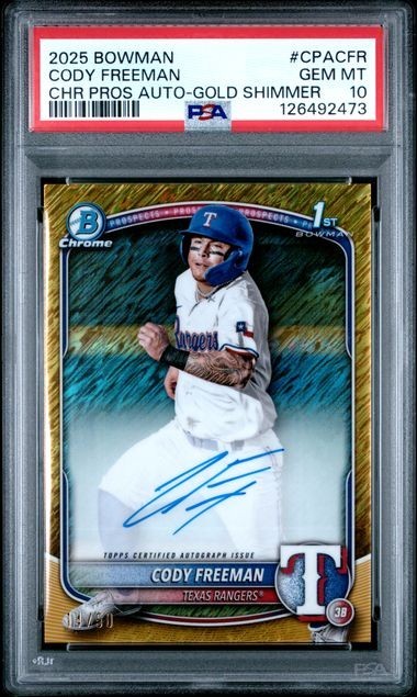 2025 Bowman Cody Freeman Chrome Auto Gold Shimmer Refractor 1st #/50 PSA 10