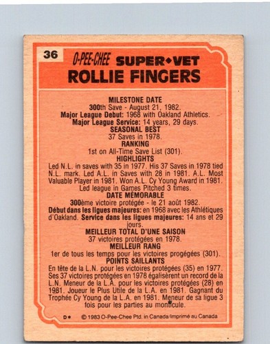 BASEBALL CARD OPC 1983 MILWAUKEE BREWERS ROLLIE FINGERS SUPER VETERAN NO949 - Foto 2 di 2