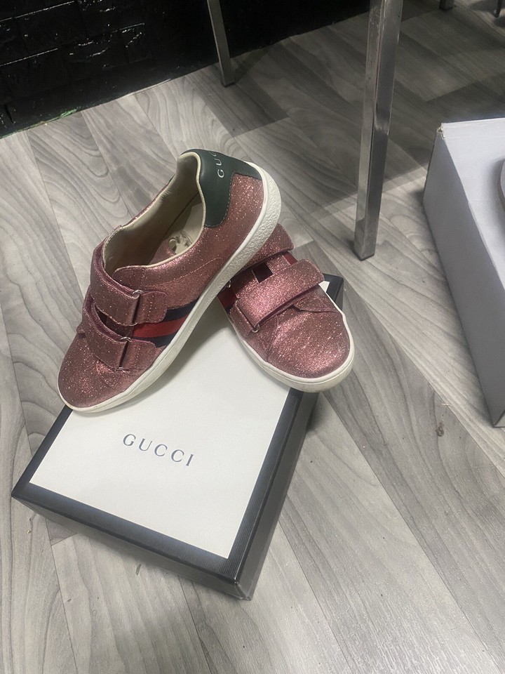 Gucci Shoes Kids Rose Glitter Leather Sneakers Authentic Size 35 eBay
