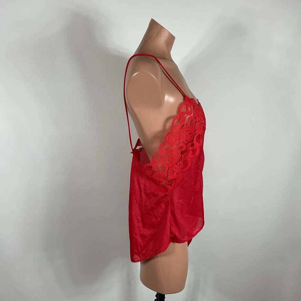 De Colección Años 90 Ropa Encubierta L Rojo Encaje Nylon Teddie Mameluco Lencería Peluche Body Foto 4 de 4