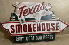 Texas Smokehouse Weathered, Shaped & Embossed Metal Sign, 19.5"x 11.5"