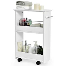 GOFLAME Slim Bathroom Storage Cart Wooden Shelf Towel Bar Rolling Casters