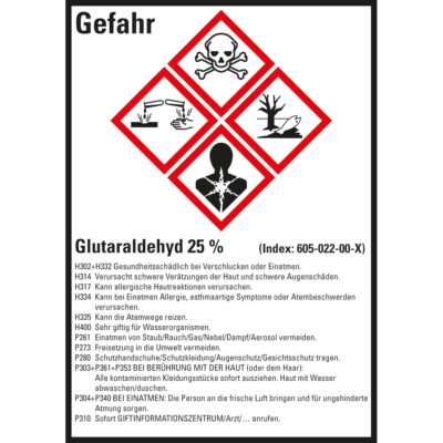 Aufkleber GHS-Etikett Glutaraldehyd 25% GefStoffV/GHS/CLP Folie 52x74mm 10/Bogen