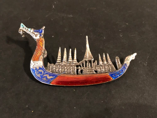 STERLING SILVER .925 lot Brooch O22 SIAM Vintage Red Enamel Ship Sail Boat