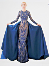 Womens Long Sleeve Mermaid Detachable Train Evening Prom Long Sequin Dress T2389