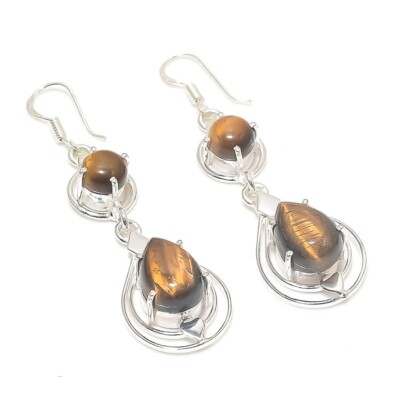 Tiger's eye Gemstone Handmade 925 Sterling Silver Jewelry Earring Size 2.5''