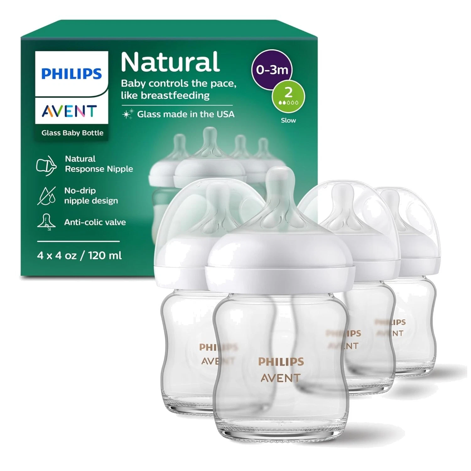 Borosilicate Glass Baby Bottles, Flow 2 Nipples, 4oz