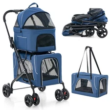 Double Pet Stroller for Cats or 2 Dogs w/ 2 Detachable Carriers Safety Belt