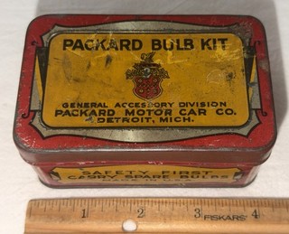 ANTIQUE FULL PACKARD BULB KIT TIN LITHO CAN CAR AUTO LIGHT GAS OIL DETROIT MI
